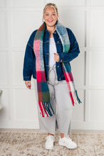 Load image into Gallery viewer, Wanderlust Wrap Oversized Plaid Fringe Scarf in Magenta and Teal
