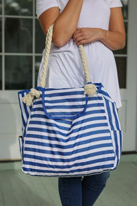 Rope Handle Beach Bag Top Flap - Blue Micro Stripe